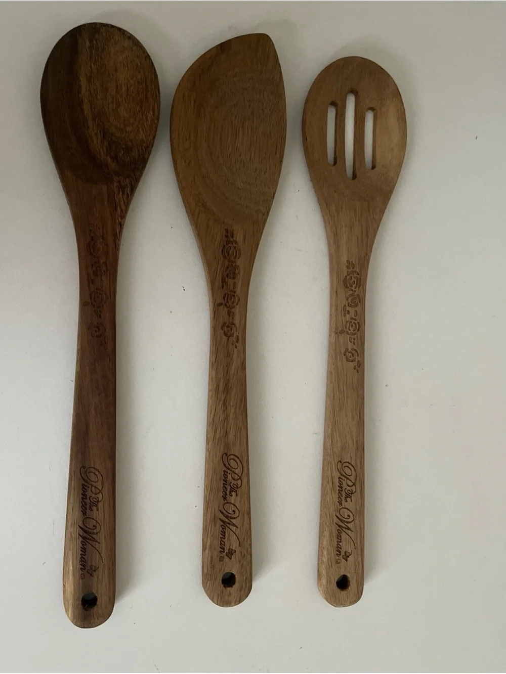 Pioneer Woman Wooden Utensils Spoon Slotted Spoon Teakwood Logo 3 Piece